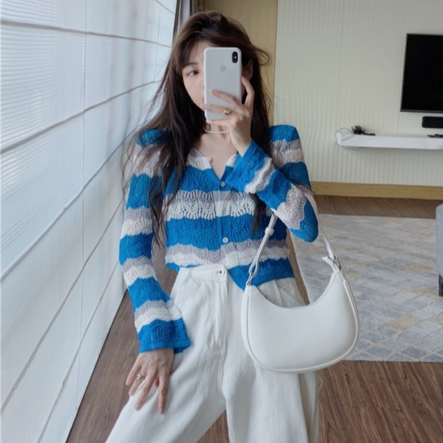 スタイルストライプニットカーディガンジャケット オータム薄手Vネックショートカラーブラウス レディース 秋物 ハンチェンe16083432206