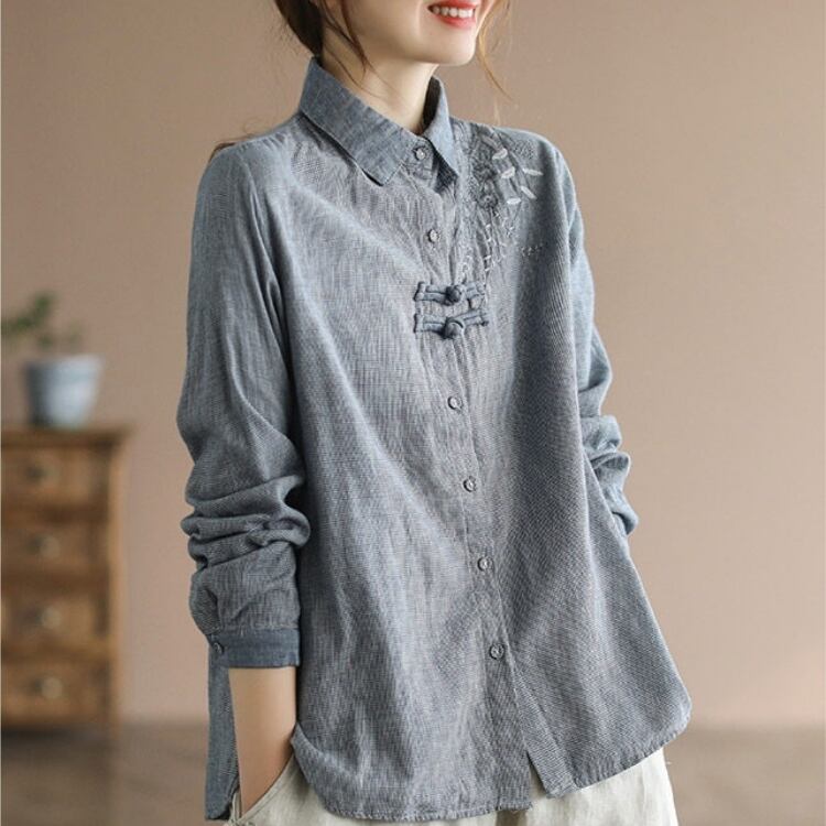 刺繍入りチャイナボタン　ナチュラルシャツ　YS00249