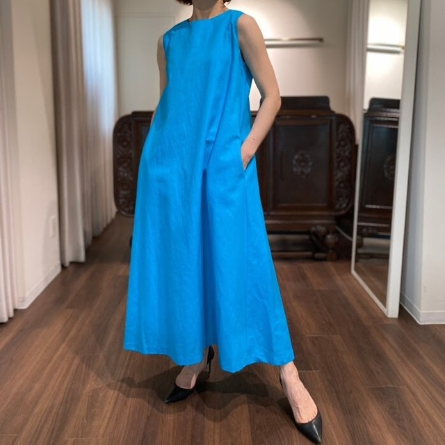 linen maxi flare dress blue