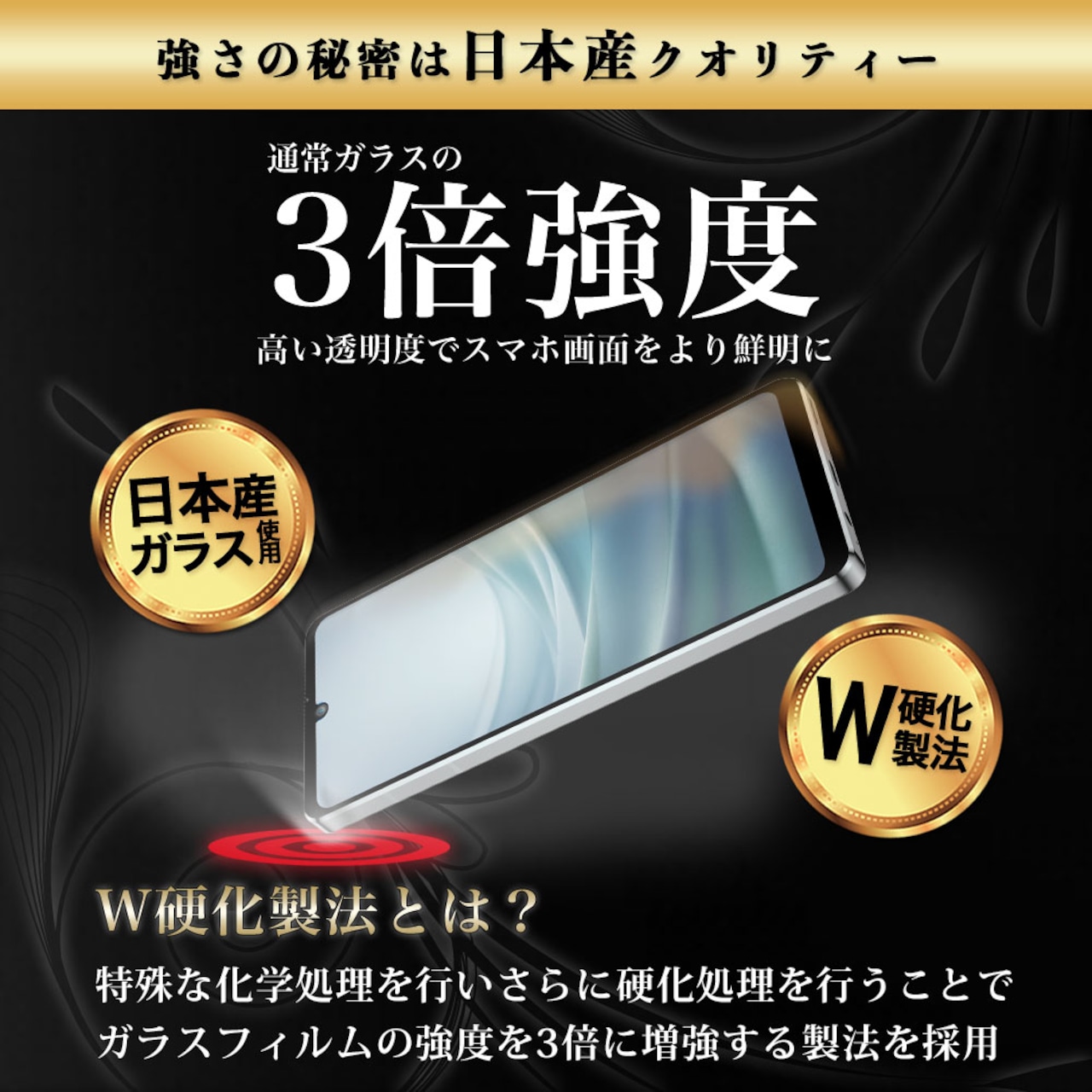 Hy+ AQUOS sense7 フィルム SH-53C SHG10 ガラスフィルム W硬化製法 一般ガラスの3倍強度 全面保護 全面吸着 日本産ガラス使用 厚み0.33mm ブラック