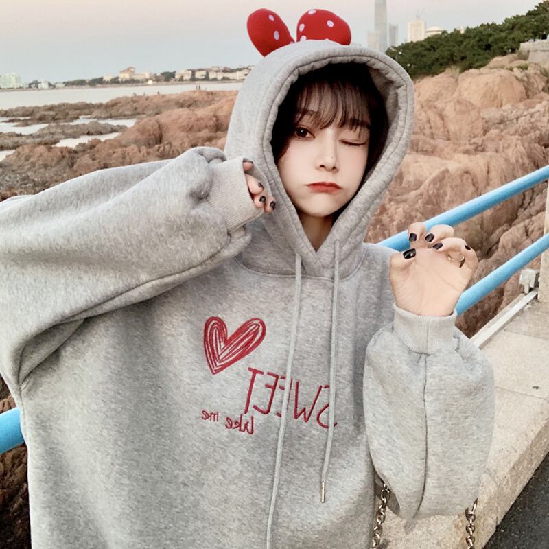 グレーフードスウェット オータムウィンターベルベットルーズスタイルトップス 秋物 冬物 スーパーモール39634443697