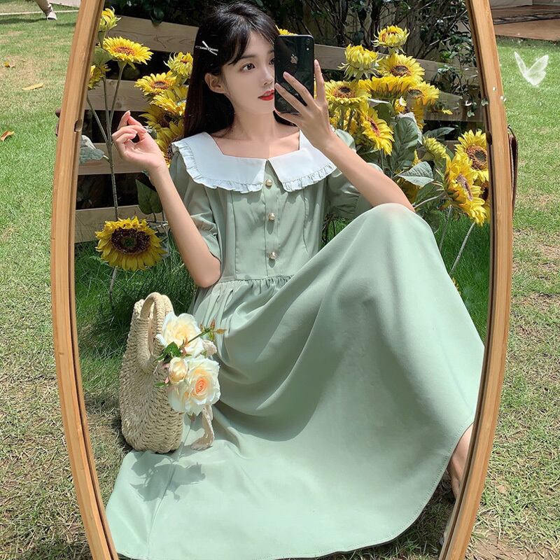 スタンダードドレス カラースタイルロングスカート サマースリーブウェスト レトロ レース 夏物 スクウェア 萌量不足91741296380