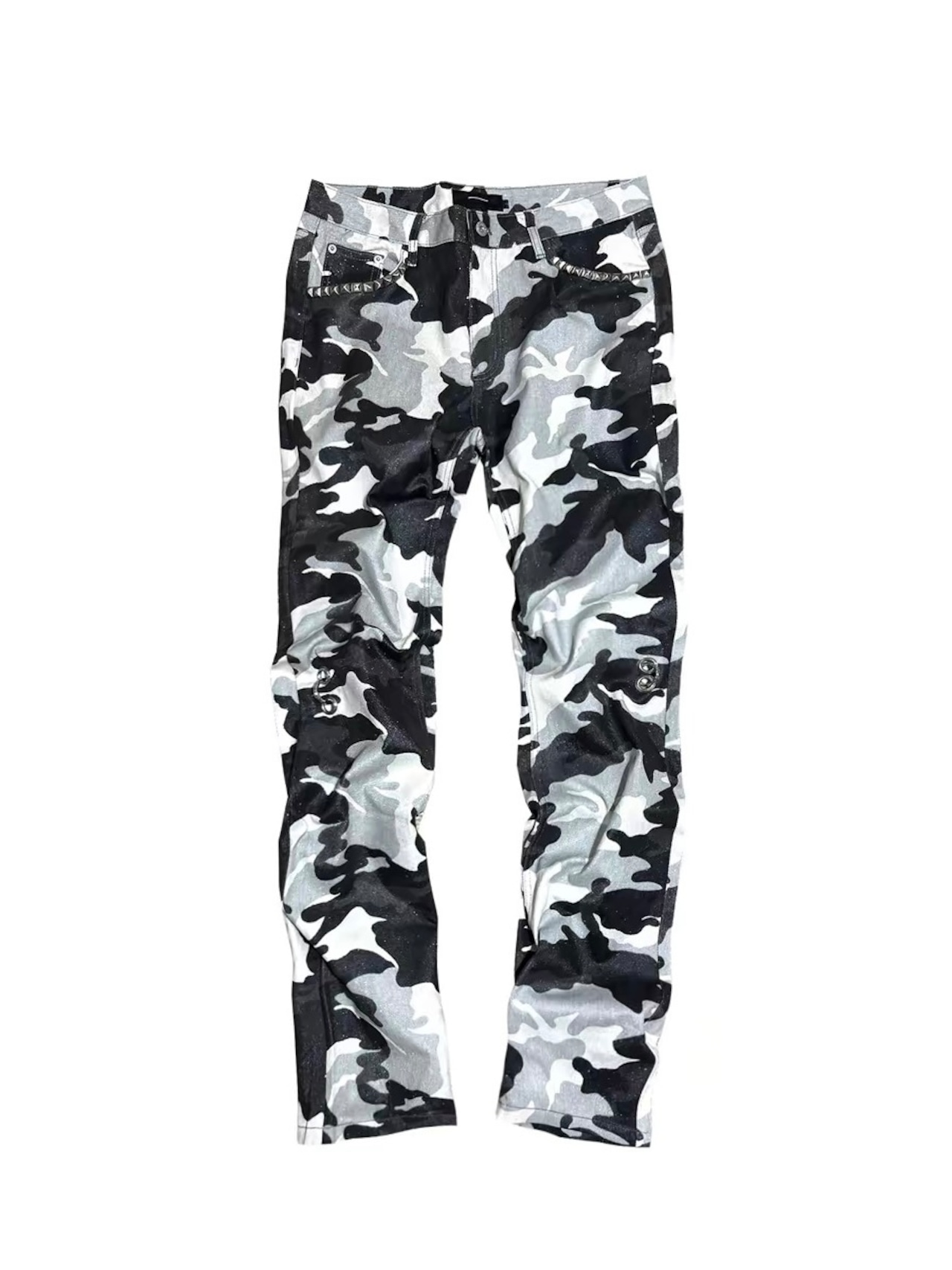【CinderVein】White Camo Rivet Coated Denim Pants