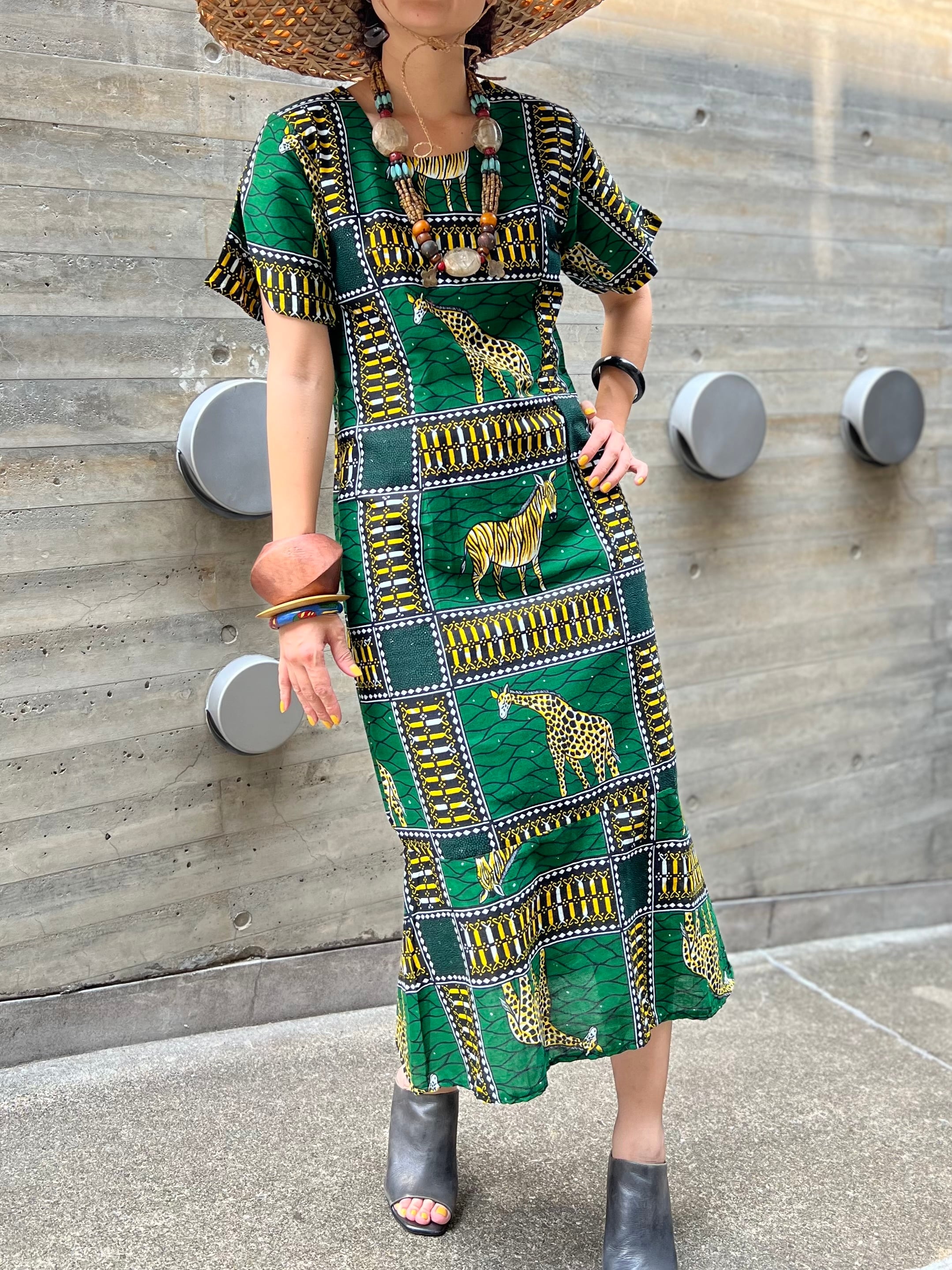 Vintage african green × kirin zebra cotton dress ( ヴィンテージ アフリカン グリーン × キリン × ゼブラ ワンピース )