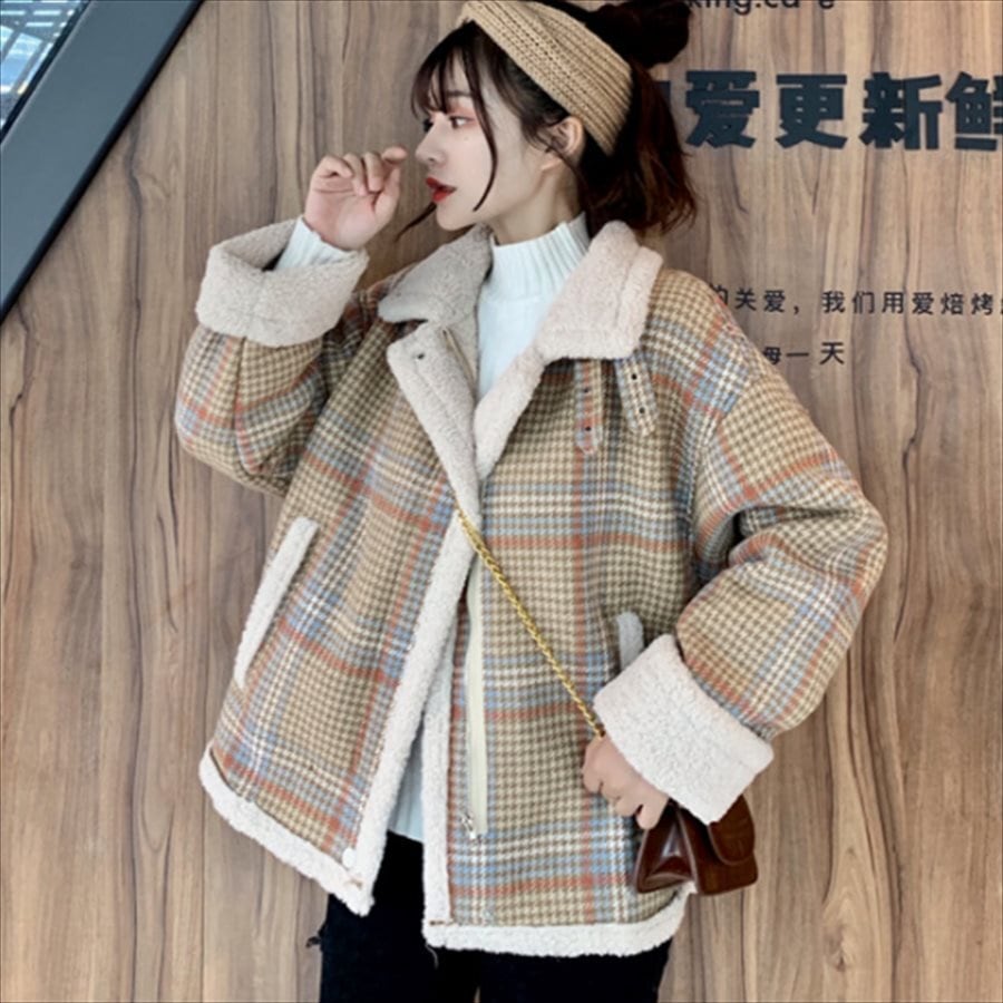 送料無料】 ショートコート チェック柄 長袖 カジュアル系 大人可愛い