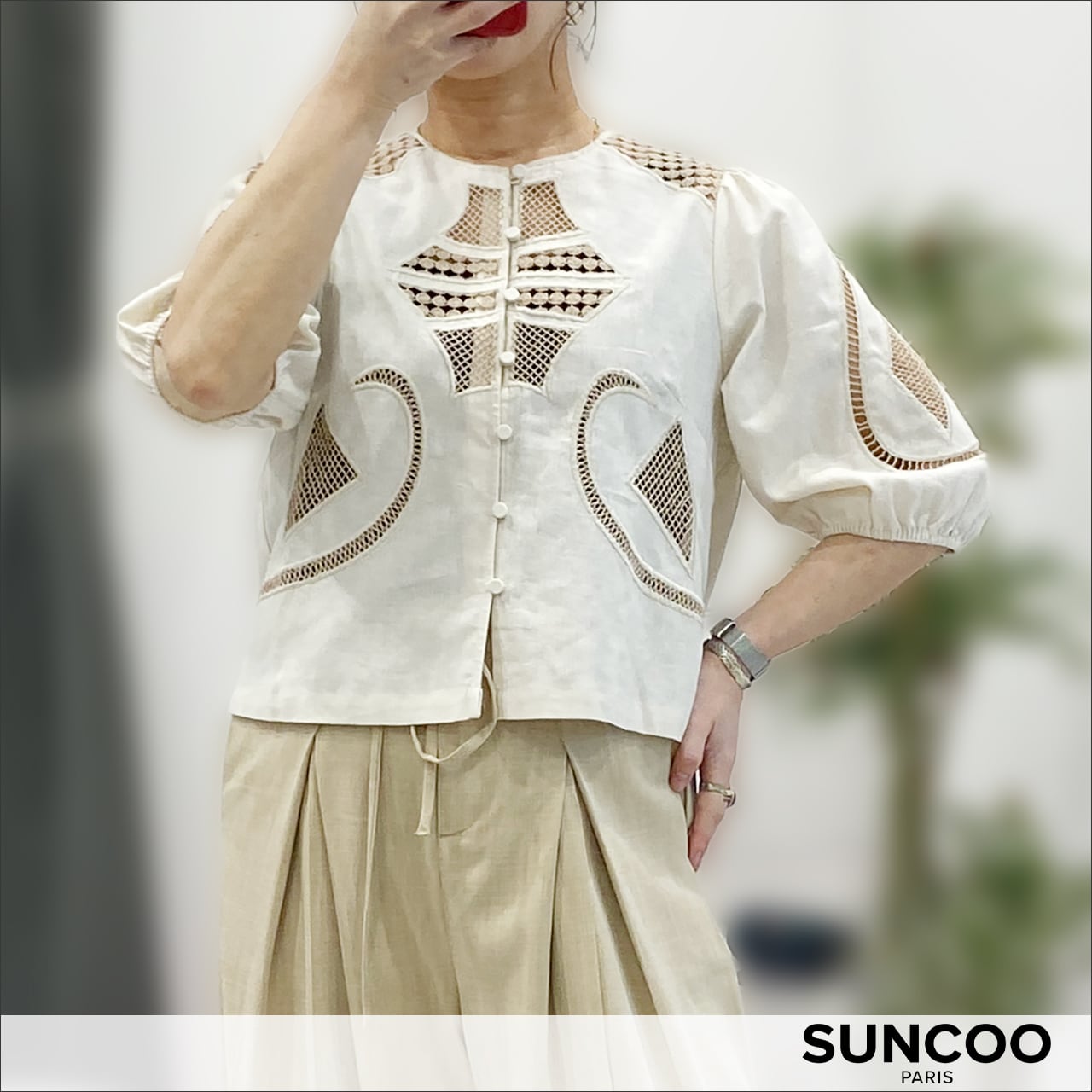 SUNCOO リネンコットン刺繍ブラウス SU07014 Beige