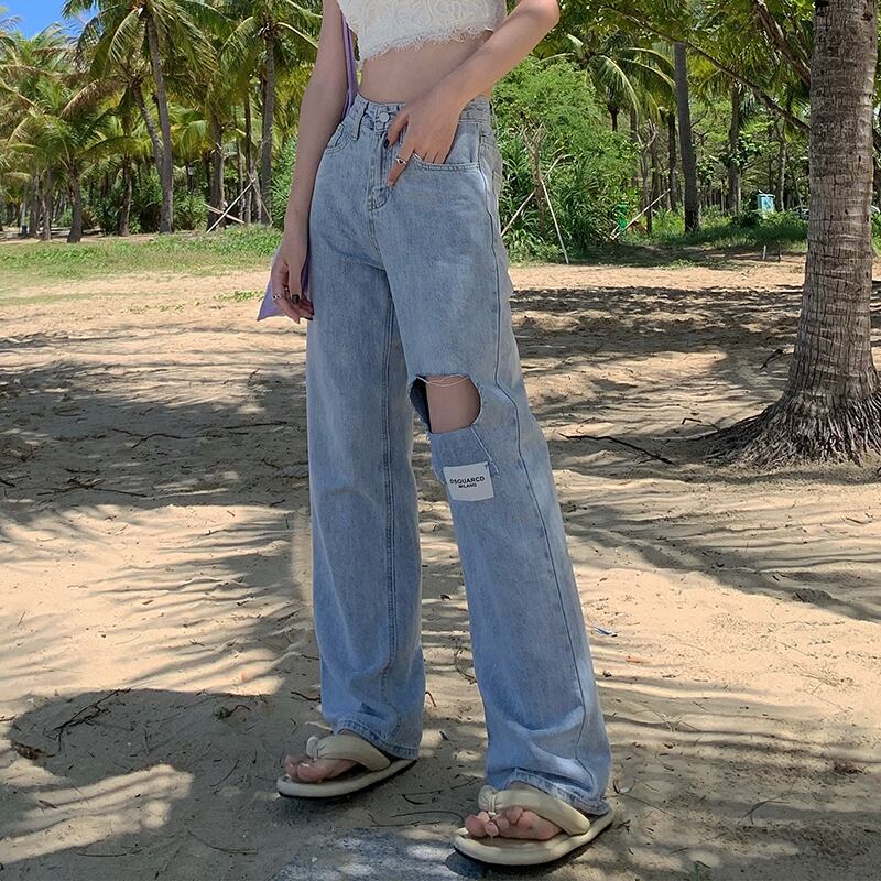 ジーンズ サマー薄手ハイウェストウェストルーズワイドレッグパンツ 夏物 ワイドパンツ ブラックストロベリース40356809824