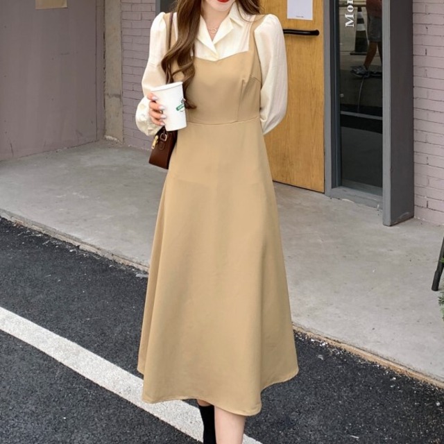 長袖 フレンチムード ワンピース Aライン フェイクツーピース