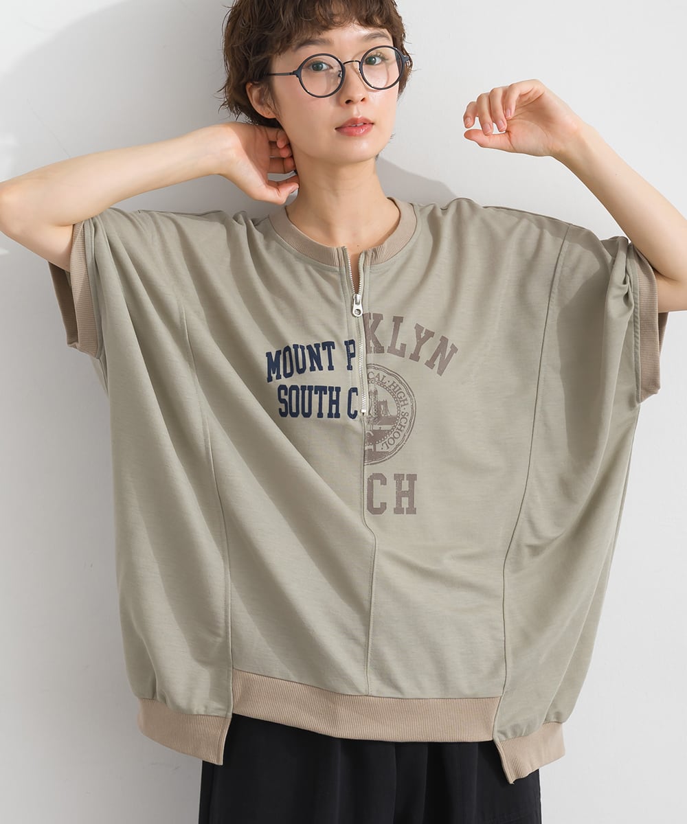 J262076 【接触冷感シリーズ】リメイク風ドルマンハーフZIPプリント