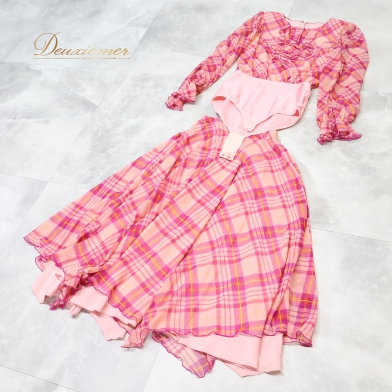 社交ダンス 衣装 チャコット Chacott 日本製 トップス ブラウス スカート ツーピース セットアップ ピンク系 パープル系 ピンク 紫 黄色 チェック 柄 模様 ダンス パーティ 発表会  可愛い おしゃれ 女性用 チェック柄 フェミニン