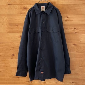 【Dickies】ワークシャツ 無地 長袖シャツ ネイビー Lサイズ ディッキーズ US古着