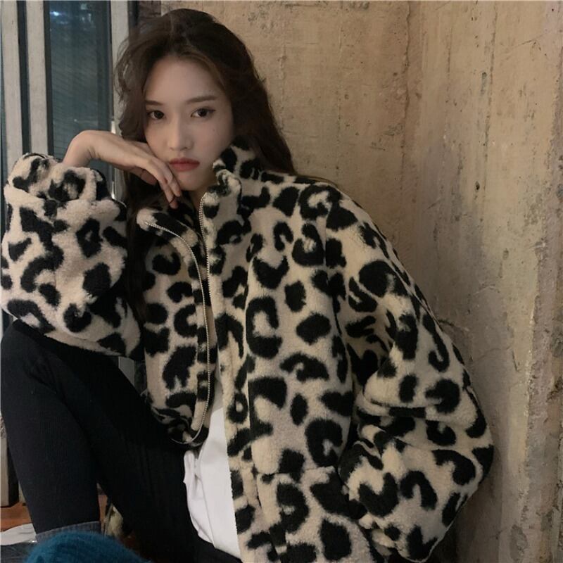 レオパードプリント柄ウールショートコート レディースウィンターベルベットファーカラージッパートップス コットン 冬物 ブラックストロベリース2149246258