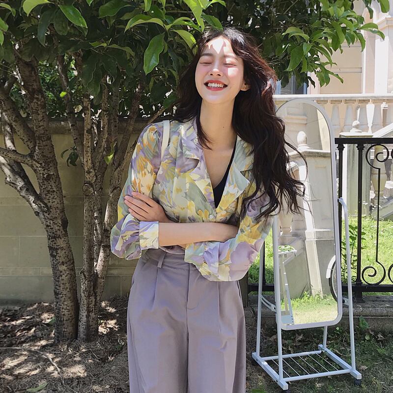 送料無料 楽ちん お洒落上級者コーデセット お洒落な ペールトーン 花柄 シャツ カラーパンツ 2点セット ラベンダー ヒヨコカラー Lamitte Deco トレンド 韓国ファッション ショップ Base店