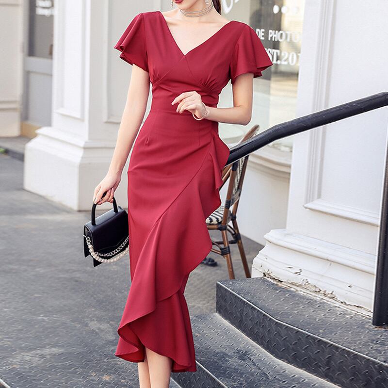 新作 セクシーワンピース ペプラム 赤 フィッシュテール スリム レッド 気質アップ デート パーティー ドレス S M L Ll Dresszone