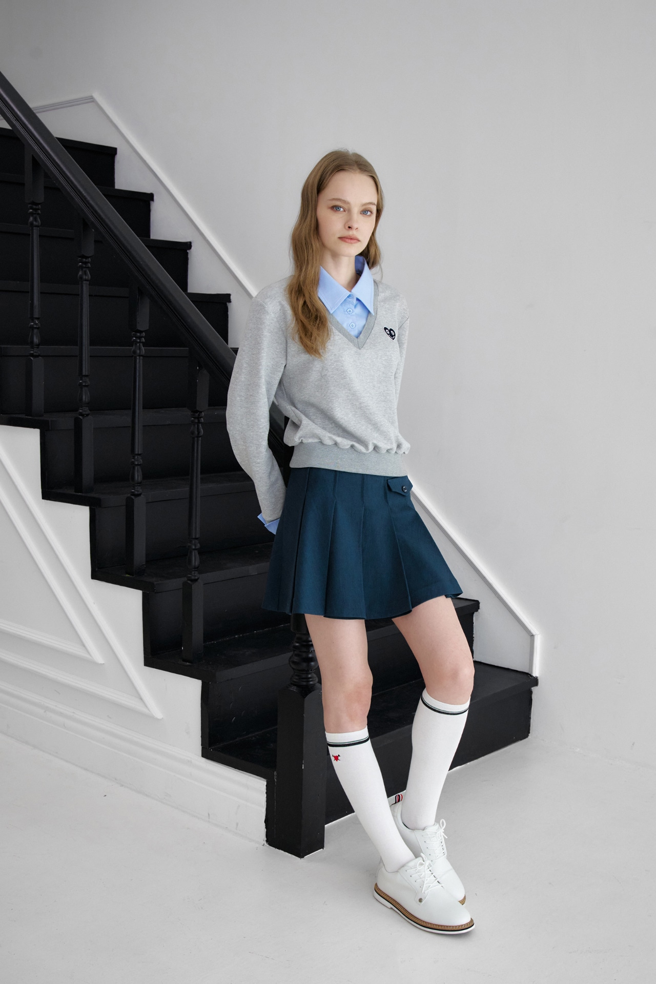 GOXO ゴーエックスオー スマイルハートシャツVネックマンツーマン メランジグレー