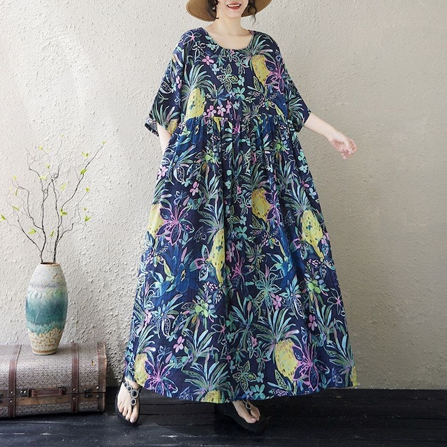 PRINT ROUND NECK LOOSE FLOWY MAXI DRESS M-18091