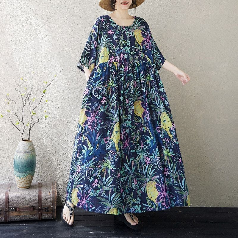 PRINT ROUND NECK LOOSE FLOWY MAXI DRESS M-18091