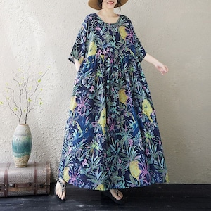 PRINT ROUND NECK LOOSE FLOWY MAXI DRESS M-18091