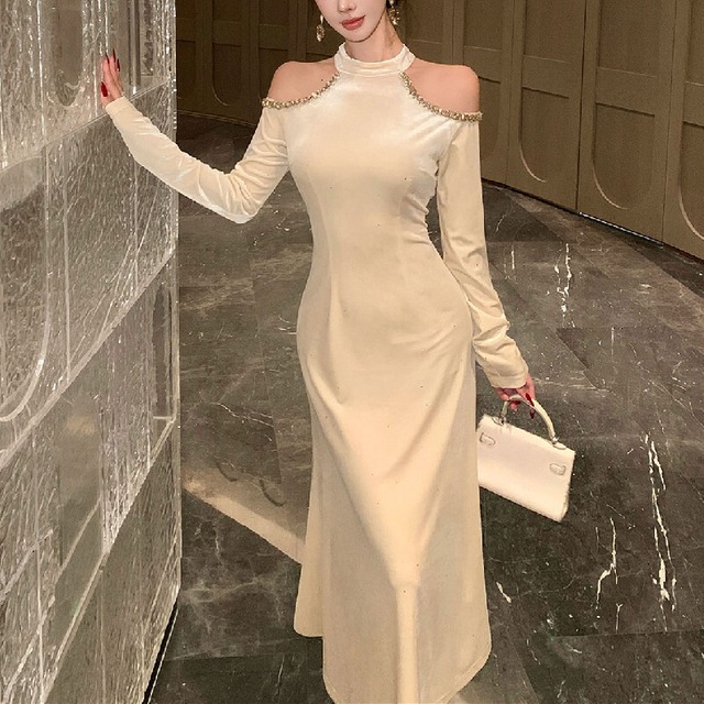 ワンピース オフショルダー ベルベット 着まわし抜群 ベージュ S M L