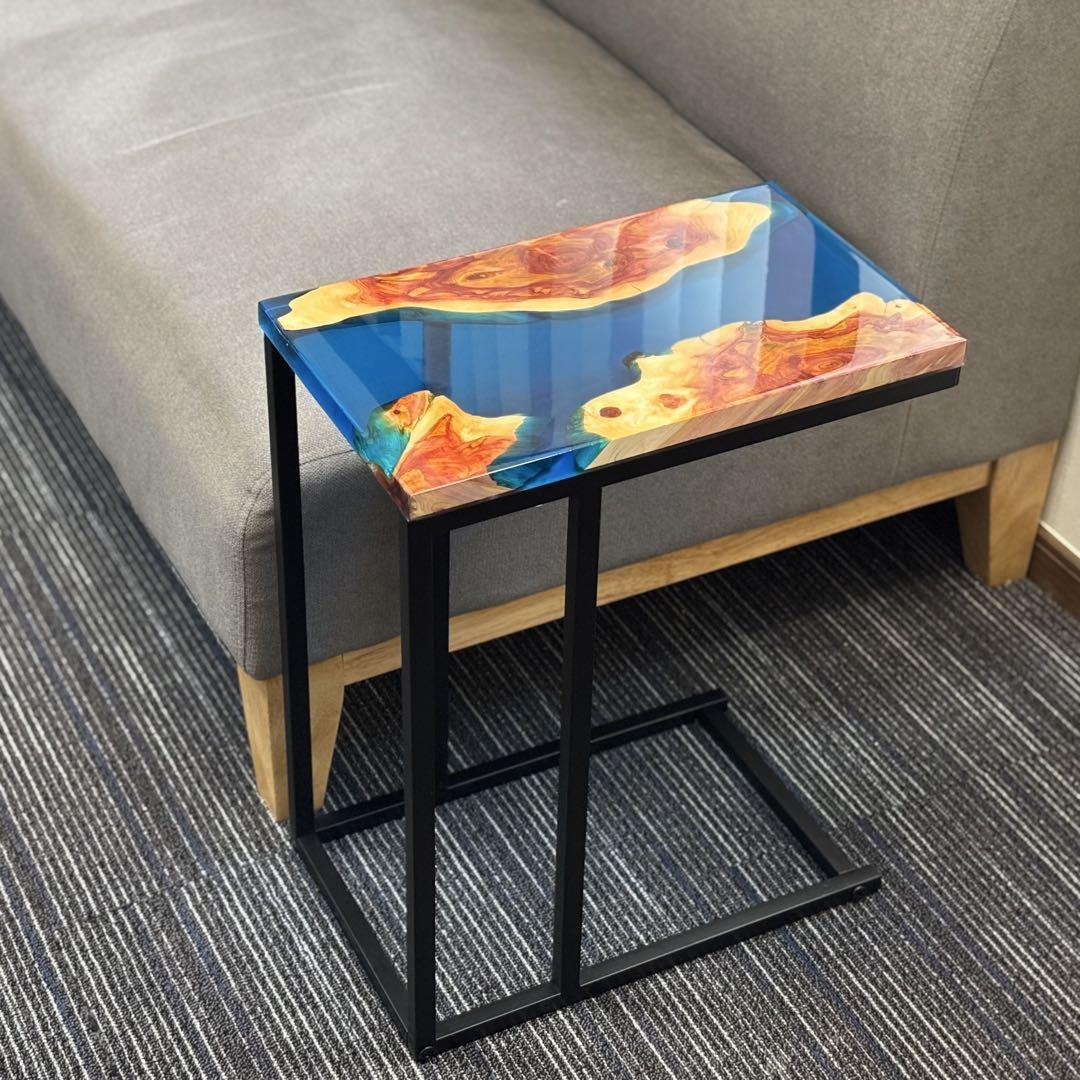 サイドテーブル アイアン 無垢材 木製 一枚板 コの字 アンティーク 欅