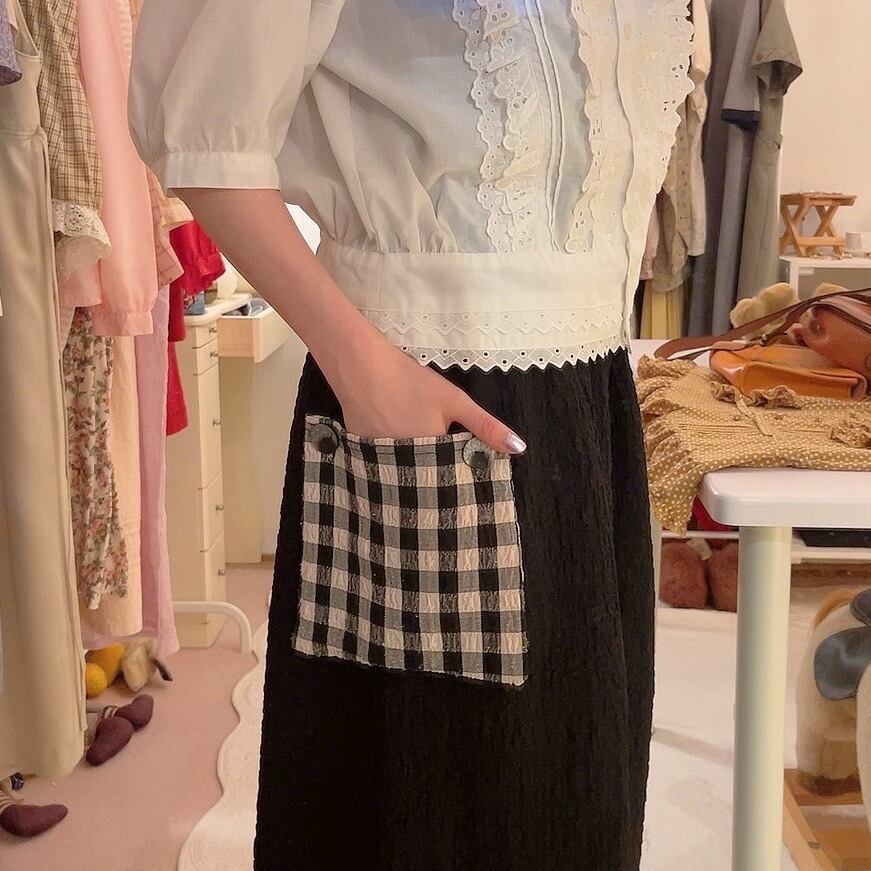 gingham check pocket black skirt