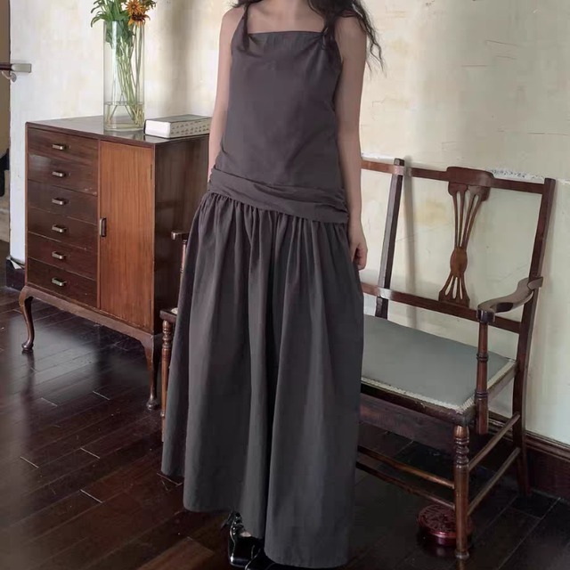 アシンメトリーヘムローウエストギャザー切り替えキャミソールワンピース　　1239