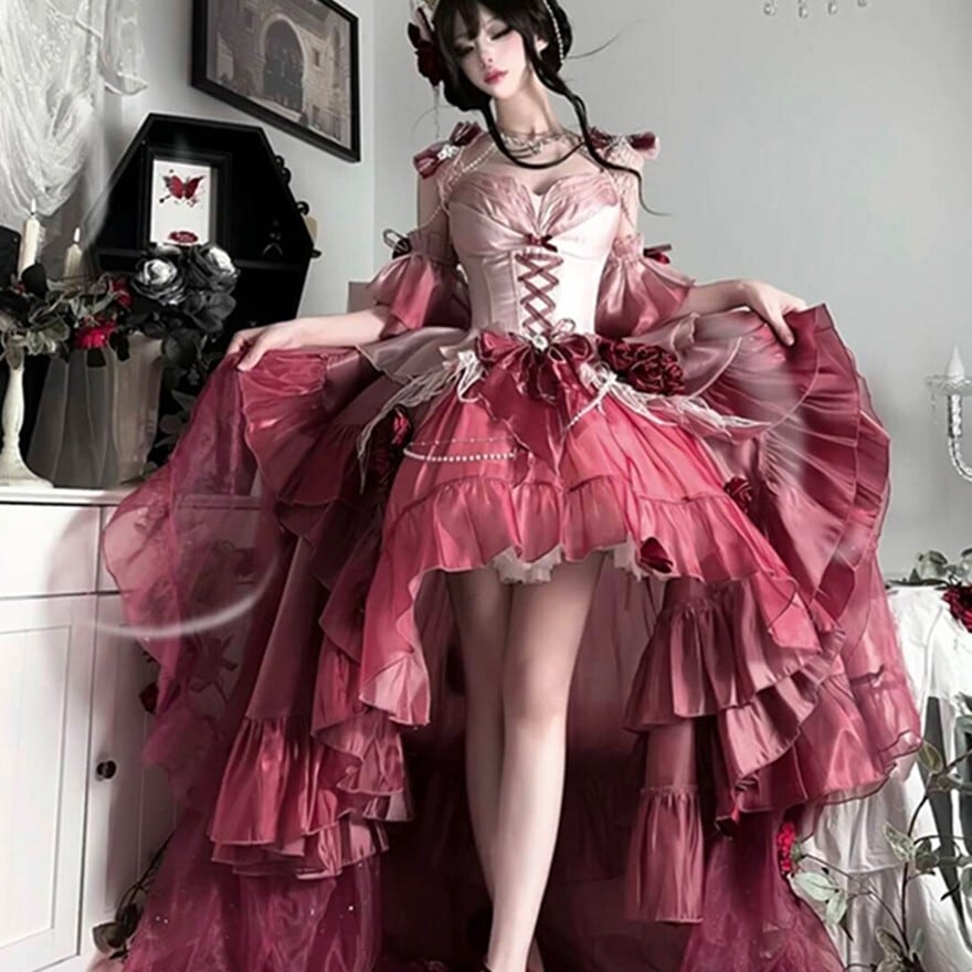 【riyu2】ピンク ゴスロリ・ロリータドレス　Ｍサイズ ロリータ ピンク ドレス M セット 甘ロリレース 【Loitimes】の