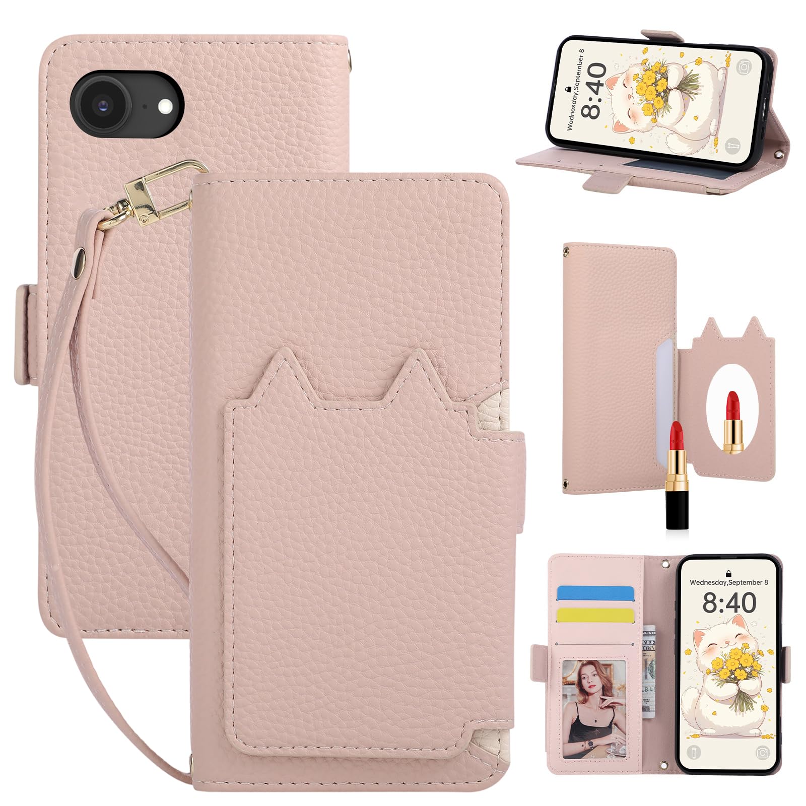 Succtopy 用のiPhone 17e/16e ケース 手帳型 猫耳 用のiphone17e ケース 鏡付き 縄掛け ピンク