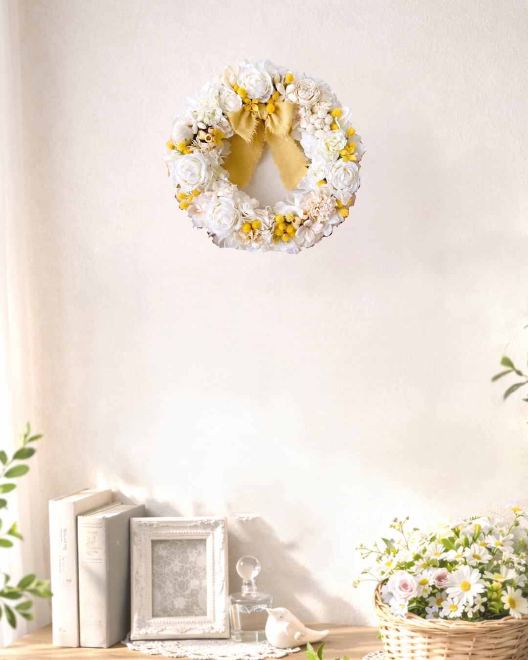 白薔薇とミモザのナチュラルリース 【WR-007】径22㎝ ｜華やか贈り物｜ナチュラルインテリア・ギフトケース入り