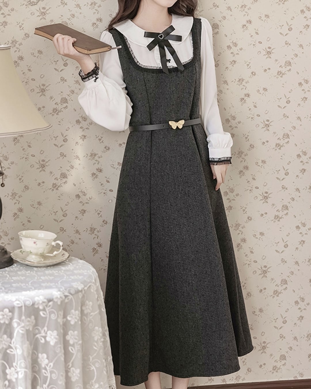 ドットグレーバタフライベルトワンピース 25WP01049