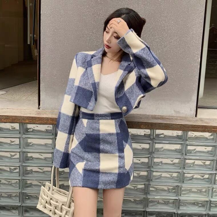 ブルーブロックチェック柄セットアップ | Lilycloset - ファッション通販