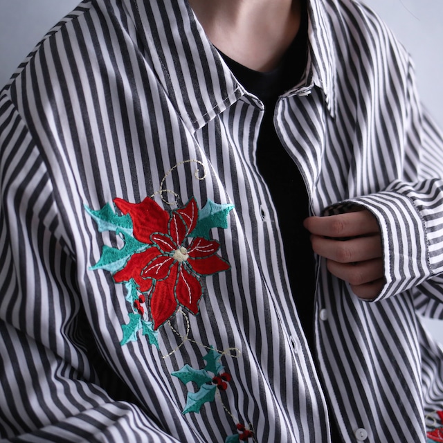 flower embroidery design stripe pattern 2XL loose shirt
