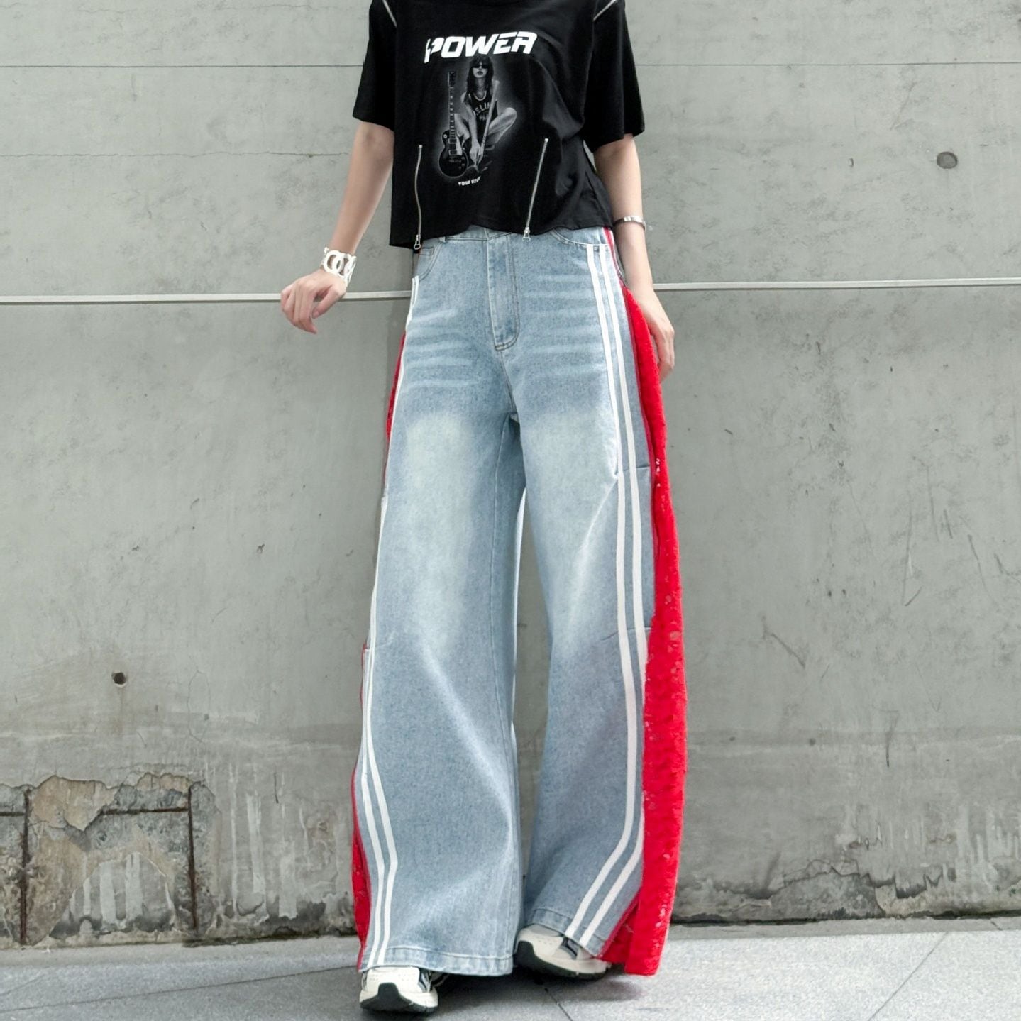 RED LACE SIDE STITCHED WIDE LEG DENIM PANTS 2colors M-14008
