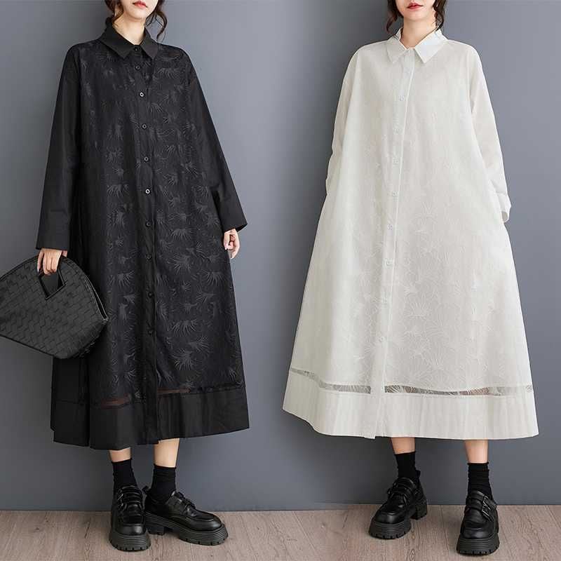 MESH PANEL LONG SLEEVE MIDI SHIRT DRESS M-18730