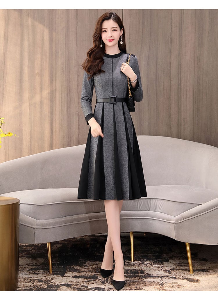 スカート ワンピース ひざ丈 長袖 Aラインラウンドネック プリーツ ベルト かわいい きれいめ シンプル 大人 上品 おしゃれ 大人女子 こなれ感 キュート 誕生日 入学式 入園式 卒業式 卒園式 謝恩会 20代 30代 40代 通勤 デート お出かけ 女子会 着回し M L XL 2XL ブラック