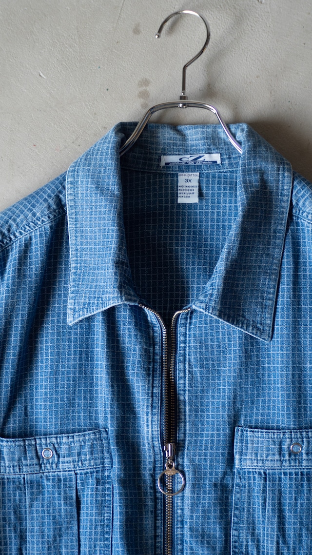 "Club Z Denim" '90s vintage Indigo small plaid zip shirt
