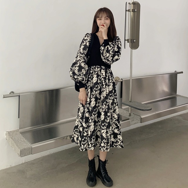 ロングVネックドレス スプリングオータムスタイルスタンダードスカート レトロ 春物 秋物 スーパーモール12315036516