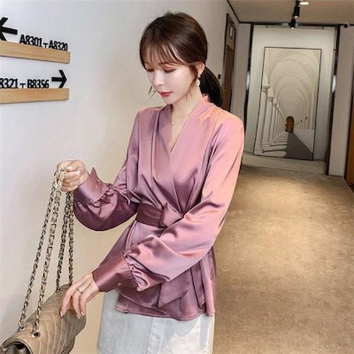 レディースブラウス 秋 ブラウス 長袖 Vネックブラウス シルク トップス 無地 薄手 きれいめ リゾート
