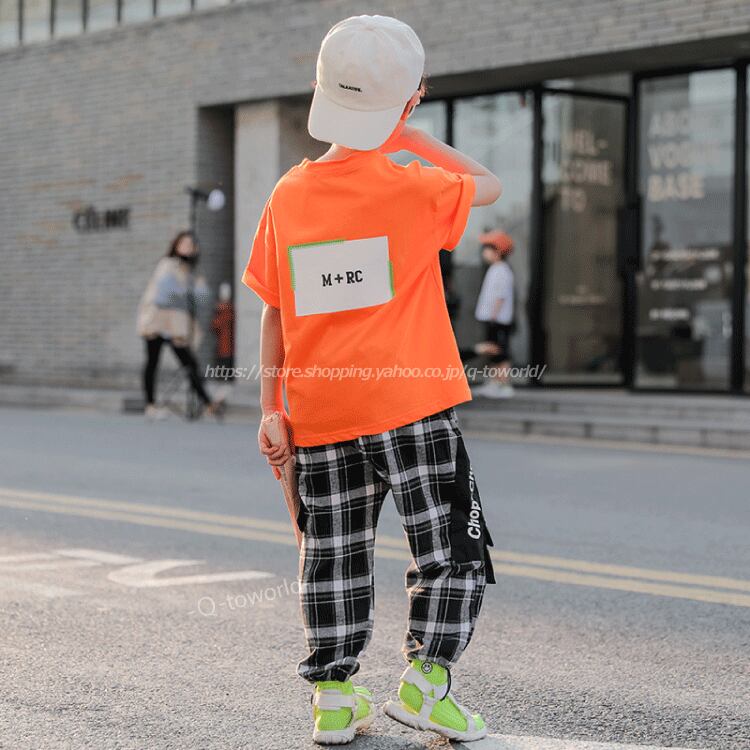 110㎝-160㎝】2点セット トップス×パンツ 半袖 チェックパンツ 韓国版  