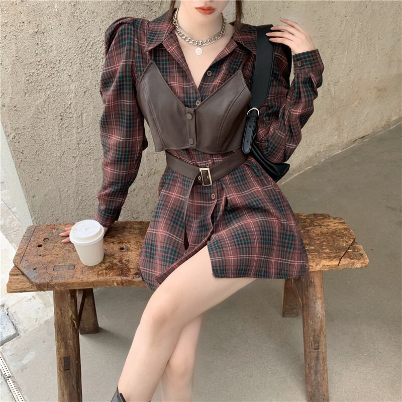 シャツ ドレス スタンダード格子柄ショートスカート スプリングスタイル薄手 ロング レトロ 春物 ブラックストロベリース18910472431