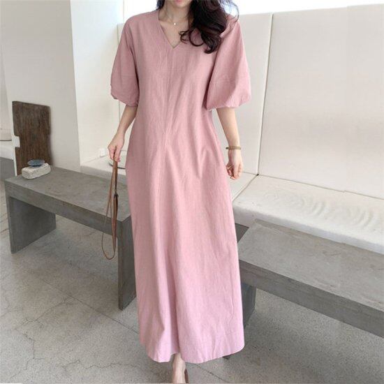 23ss かぐれ リネンカットワンピース 5分袖 ロングワンピース ワンピース レディース リネン カジュアル コットン Vネック 綿 麻