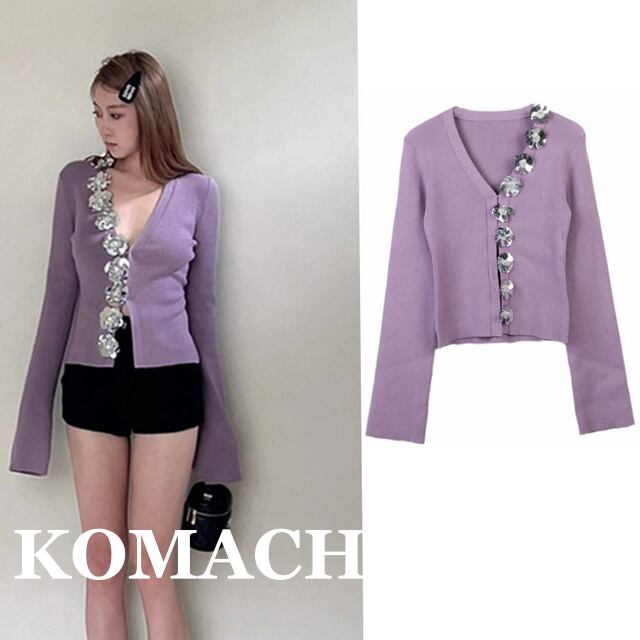 【送料無料】 ニットカーディガン 長袖 Vネック ニット スパンコール フラワー ボタン スリム 細身 韓国 レディース かわいい 可愛い キュート 大人可愛い 大人女子 シンプル きれいめ カジュアル 大人 気品 上品 おしゃれ お洒落 こなれ感 抜け感 かっこいい きちんと 大人女子 クール フェミニン S M L パープル グレー ホワイト ブラック 秋 オルチャン 10代 20代 30代 40代 女子会 デート ショッピング 普段使い コーデ トレンド インスタ映え