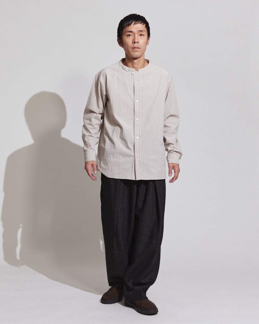 WASHER STRIPE BAND COLLAR SHIRT / ワッシャーストライプバンドカラー