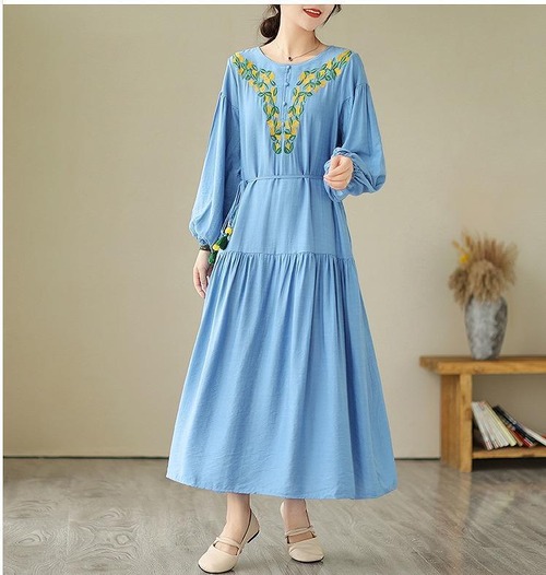 大きいサイズ レディース ワンピース 春夏 秋 新品 長袖 ブルー