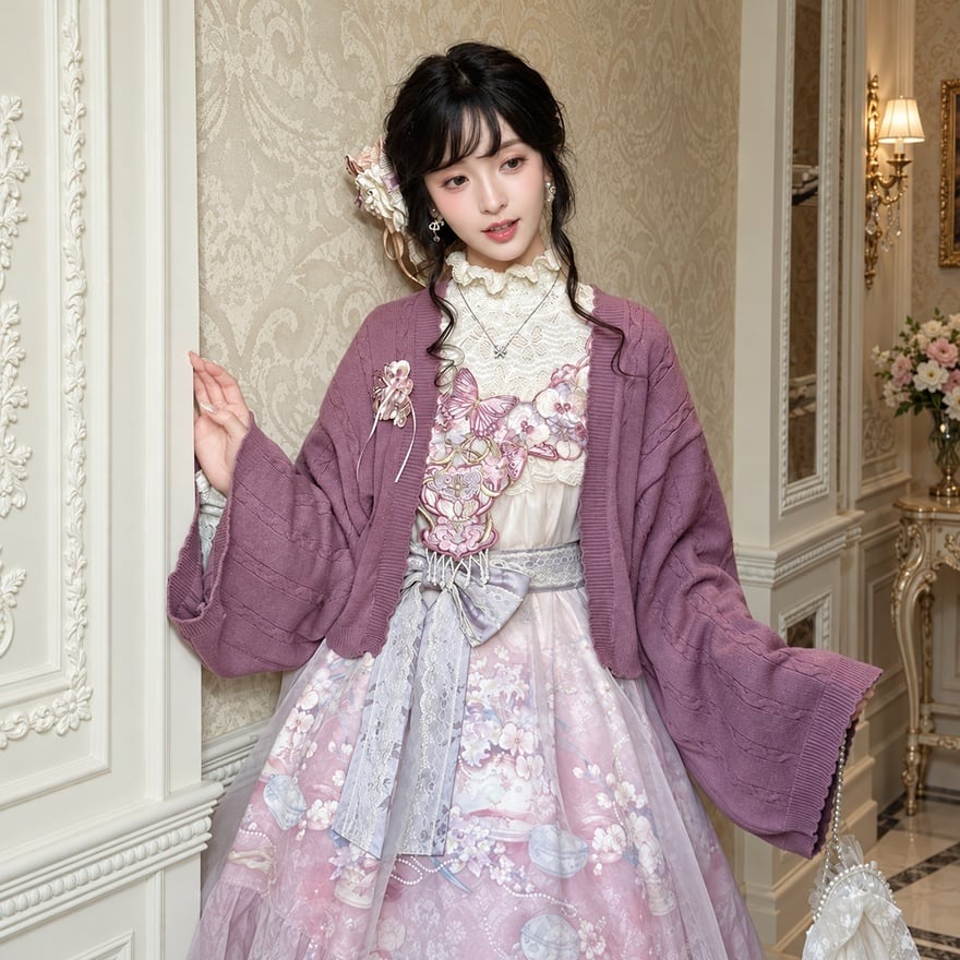 花霞の夢庭 淡い花と重ねレースの和風ロリータ|総レースキャミソール