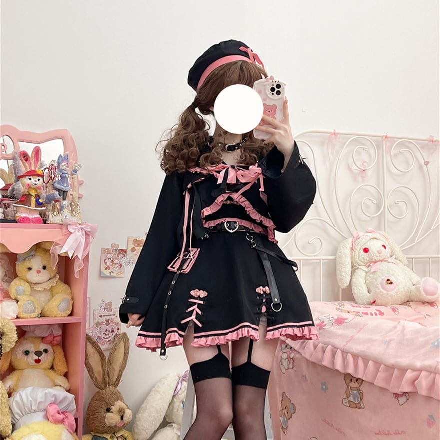 サブカル 服 地雷系 通販 服 スカート 編み上げ ポシェット ストラップ