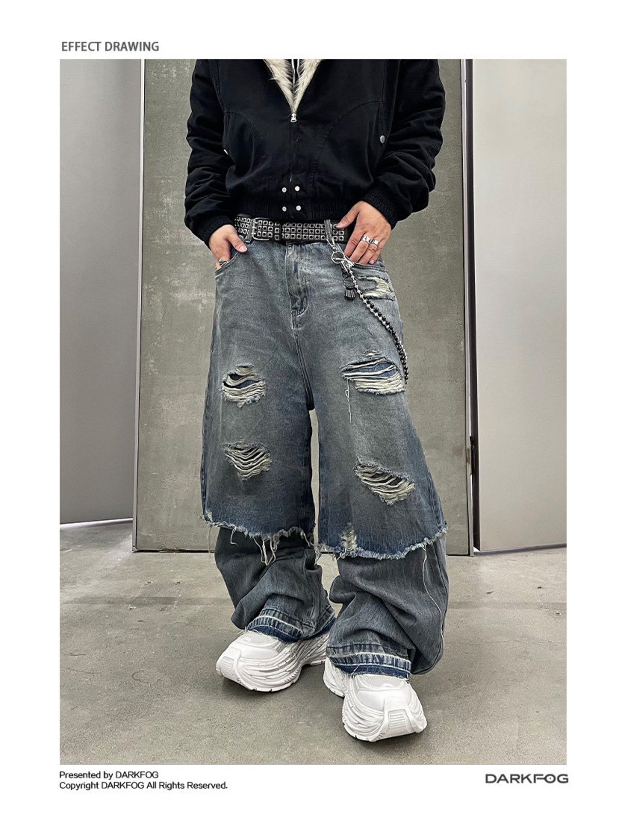 DARKFOG ダメージデニム ワイドパンツ｜ストリート HIPHOP ルーズ 