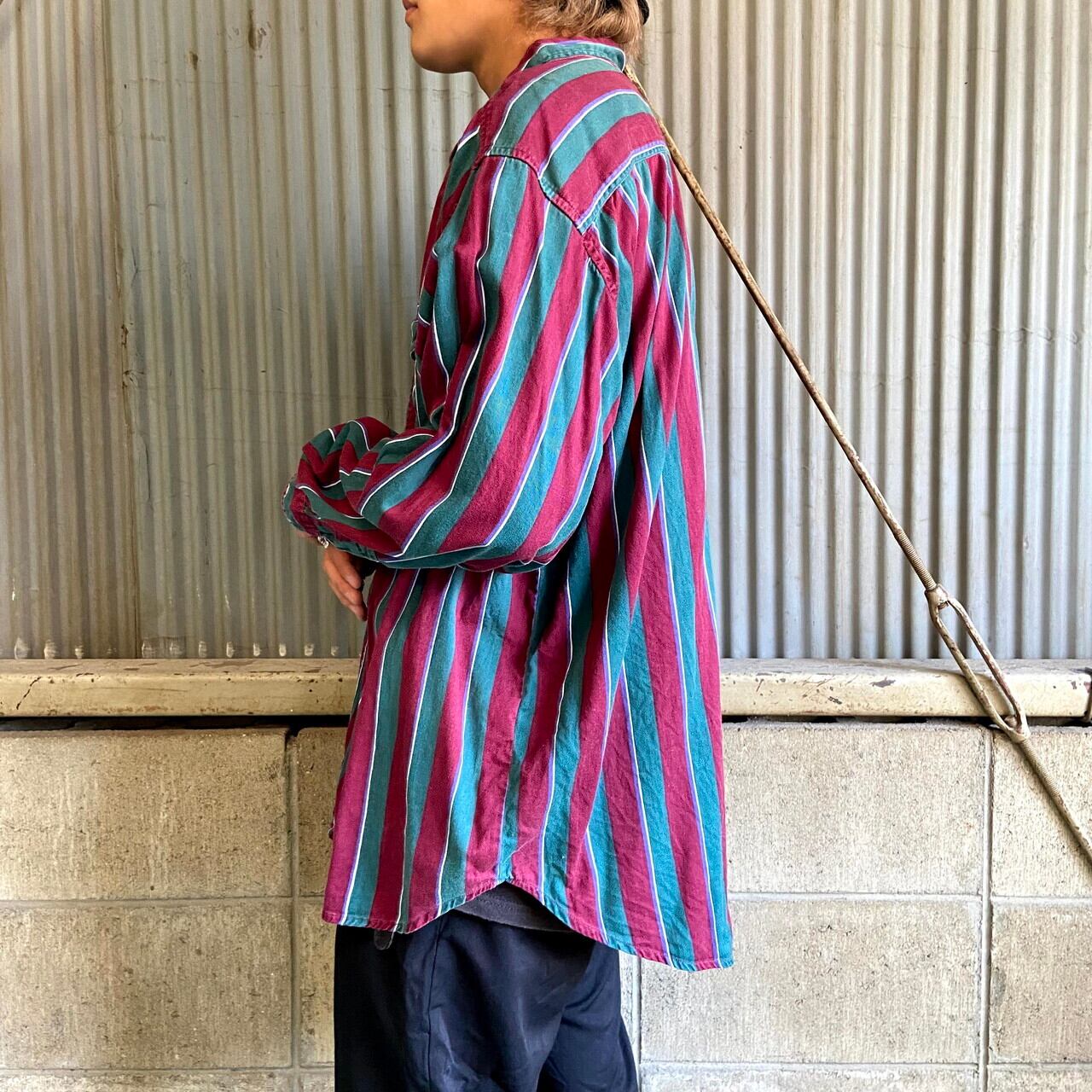 90年代 BRITTANIA 長袖 マルチストライプシャツ メンズXL 古着 90S