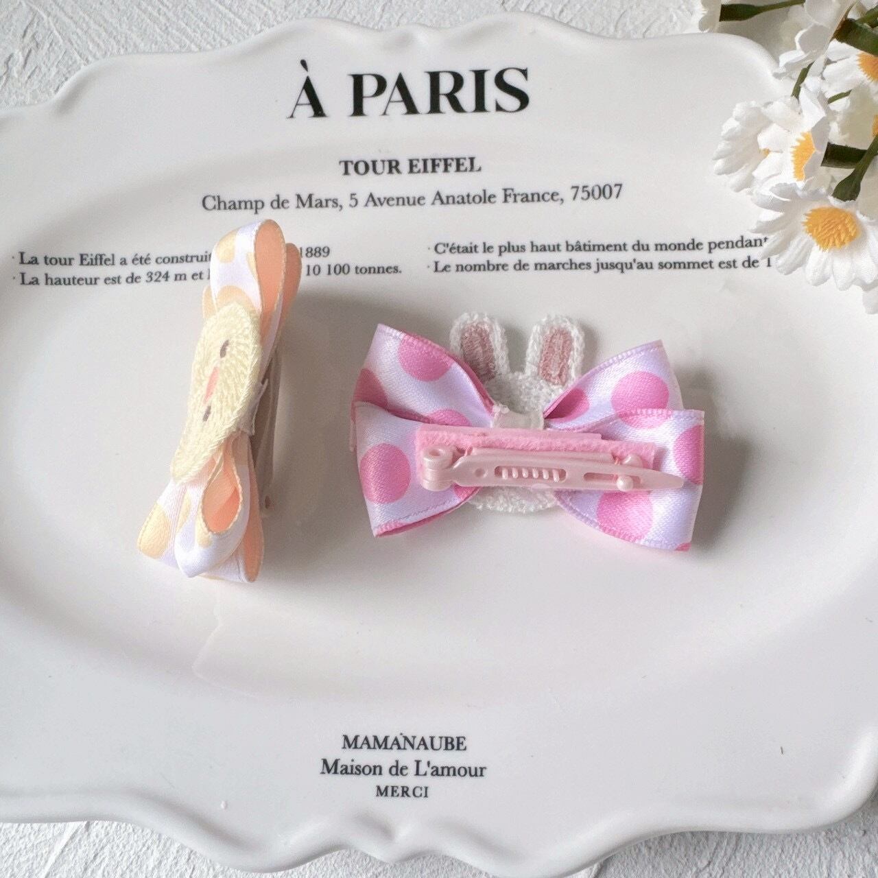 ひよことうさぎのドットリボンパッチン（バレッタ）