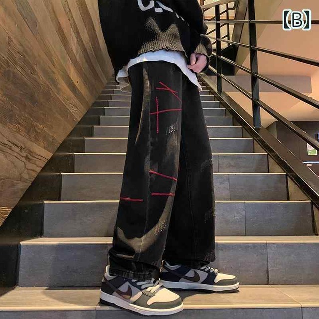 デニム かっこいい ワイド 個性的 ジーンズ ズボン パンツ メンズ 男性用 韓国系 青 黒 ブルー ブラック 大きいサイズ ルーズ アメリカン ウォッシュ加工 レッドステッチ 脚長 ストリート gパン ブルーデニム ブラックデニム 淡色 水色 ラフ
